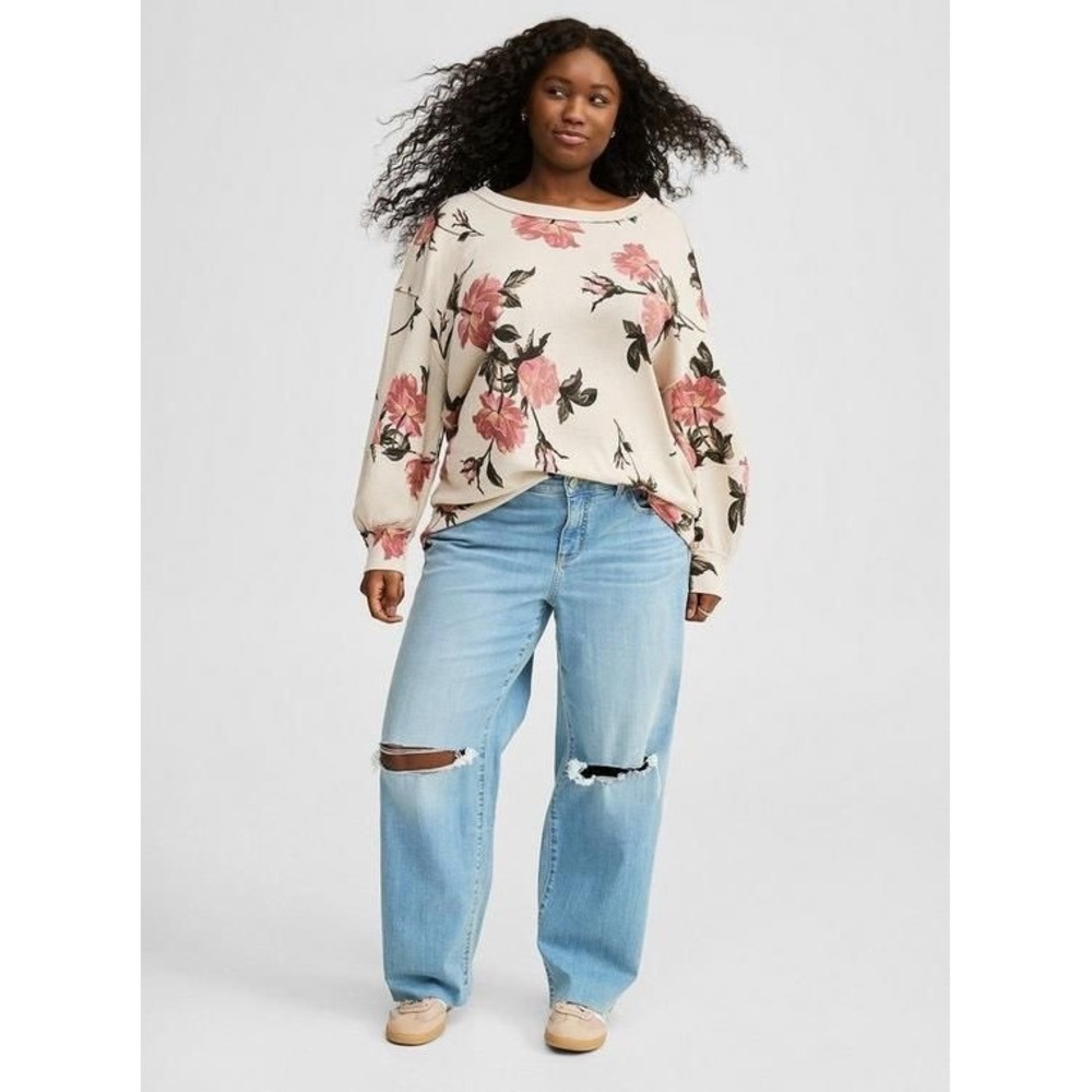 Torrid Top Womens 3 Ribbed Floral Cream Pink Rose Raw Hem EUC